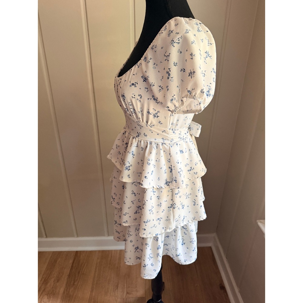 Originality Blue Floral Tiered Ruffle Mini Dress Cottagecore Puff Sleeve XS - Picture 4 of 6